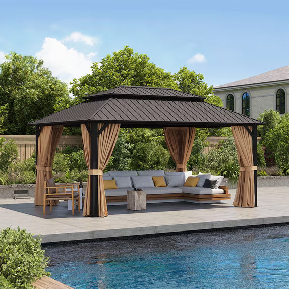 Clouddwell 12' x 16' Gazebo for Patio, Gazebo Pergola with Sloped Roof, Large Wall-Mounted Heavy Duty Awnings, for Deck, Patio and Backyard,Brown