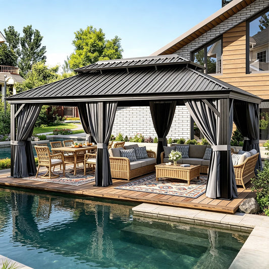 Clouddwell 12' x 20' Hardtop Gazebo with Double Roof, Aluminum Frame Outdoor Patio Gazebo with Netting & Curtains, Metal Roof Canopy with Built-in Drainage System