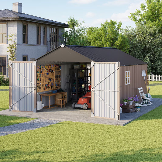 Clouddwell 12 x 20FT Shed Outdoor Storage Shed with Double Hinged Large Door, Extra Large Metal Shed with Lockable Door & Sloped Roof for Garden, Backyard, Patio and Backyard, Brown
