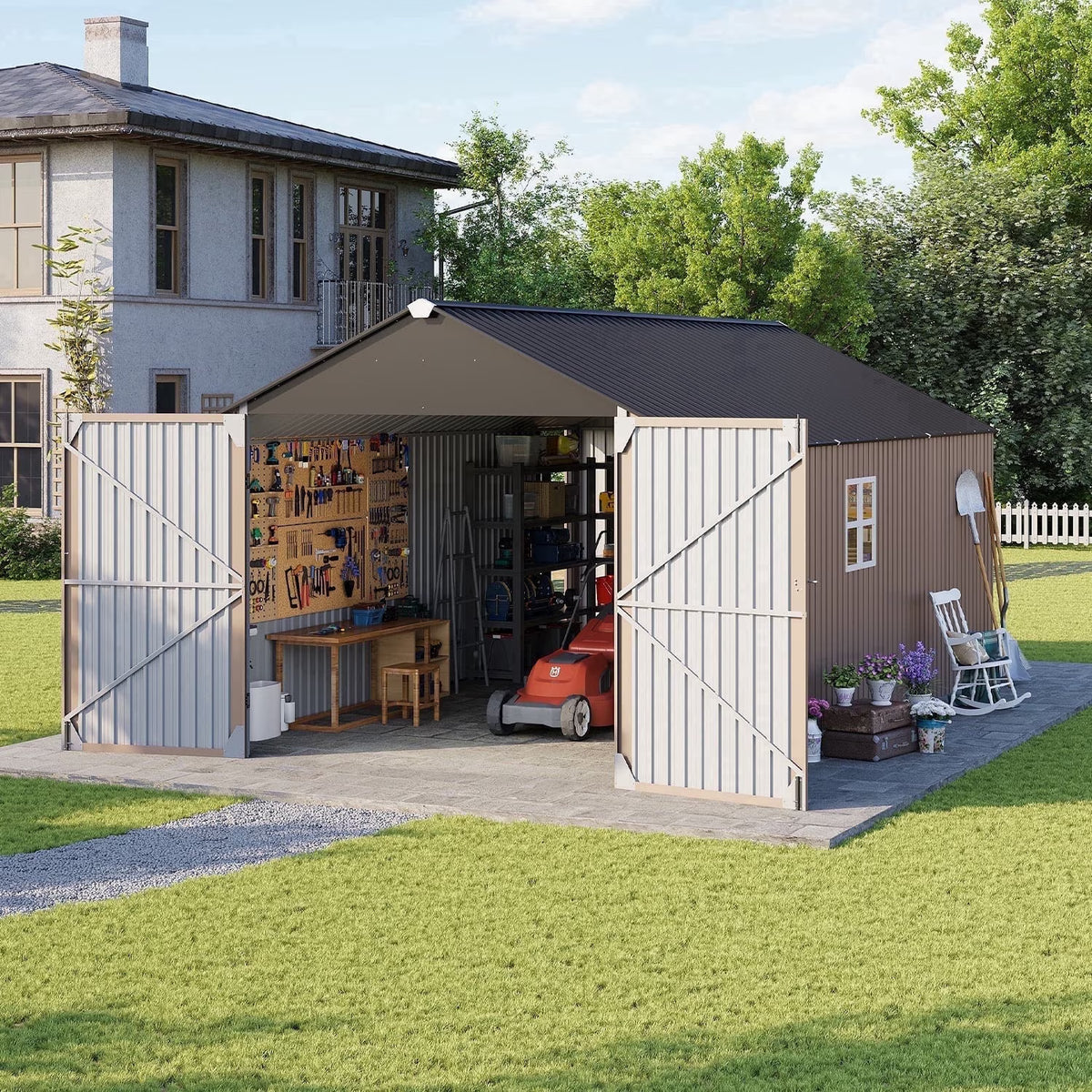 Clouddwell 12x20FT Outdoor Storage Shed, Extra Large Metal Shed with Triple Doors & Window, Double Hinged Lockable Door, Sloped Roof - Brown