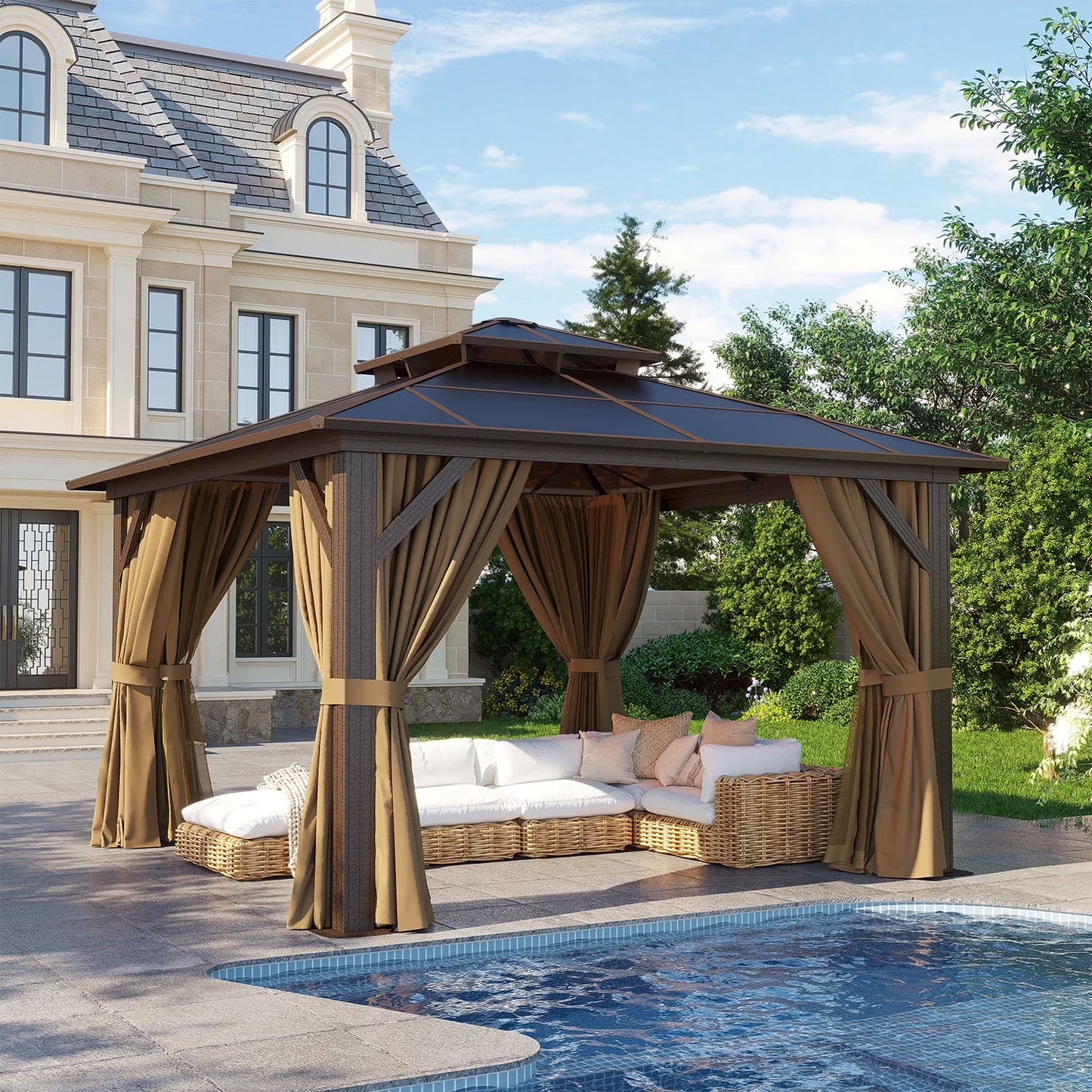 Clouddwell 12'x12' Hardtop Gazebo - Polycarbonate Double Roof with Netting & Curtains for Patio, Garden Sun Protection,Gray