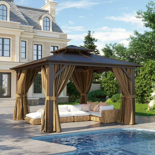 Clouddwell 12'x12' Hardtop Gazebo - Polycarbonate Double Roof with Netting & Curtains for Patio, Garden Sun Protection,Browm