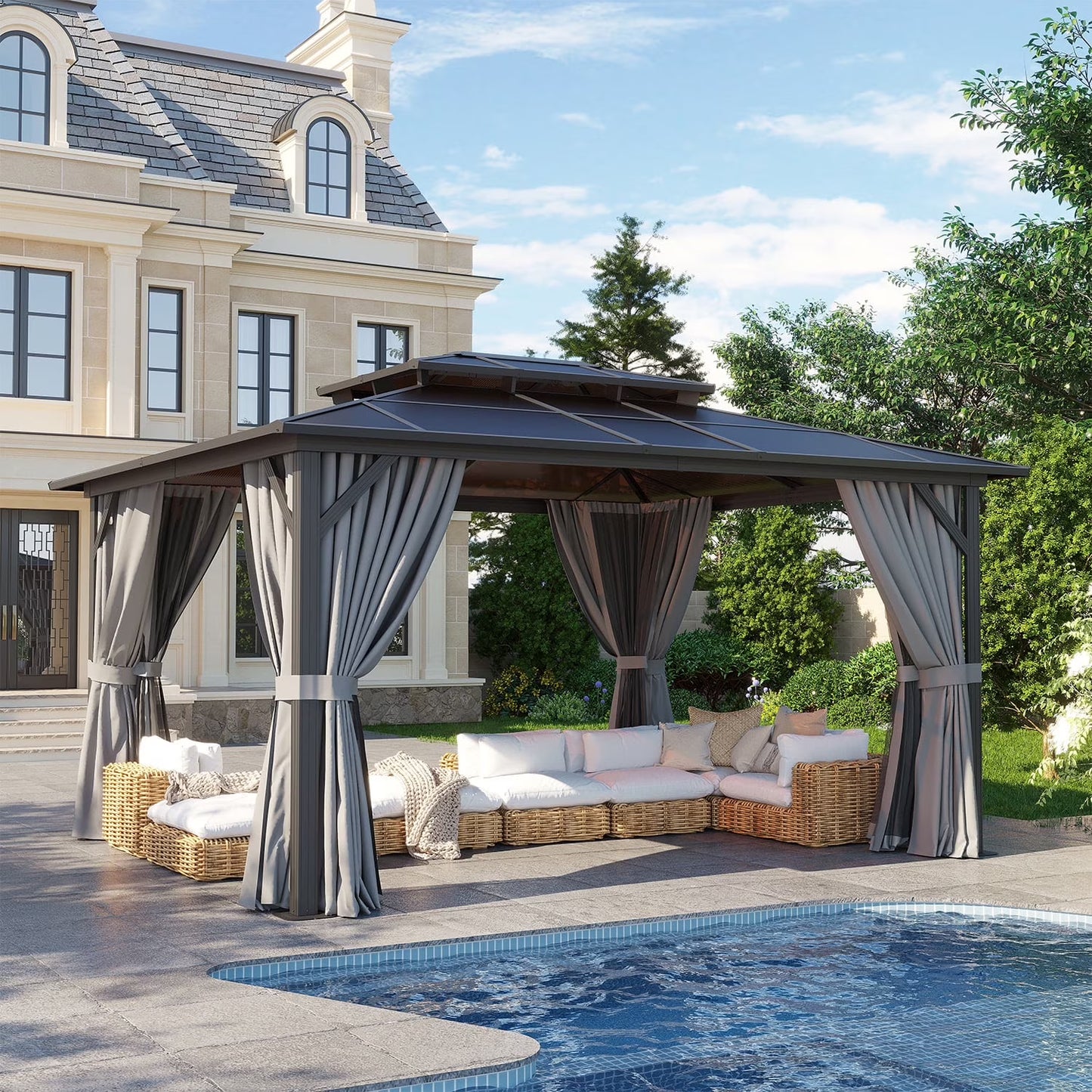 Clouddwell 10'x13' Hardtop Gazebo - Polycarbonate Double Roof with Netting & Curtains for Patio, Garden Sun Protection,Browm