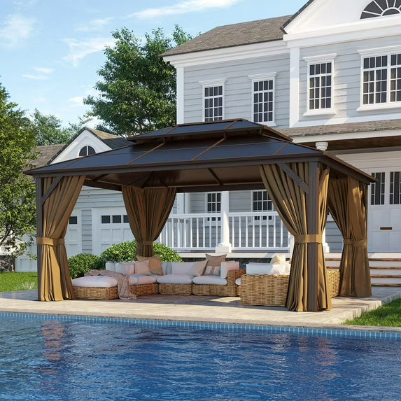 Clouddwell 12'x16' Hardtop Gazebo - Polycarbonate Double Roof with Netting & Curtains for Patio, Garden Sun Protection,Browm