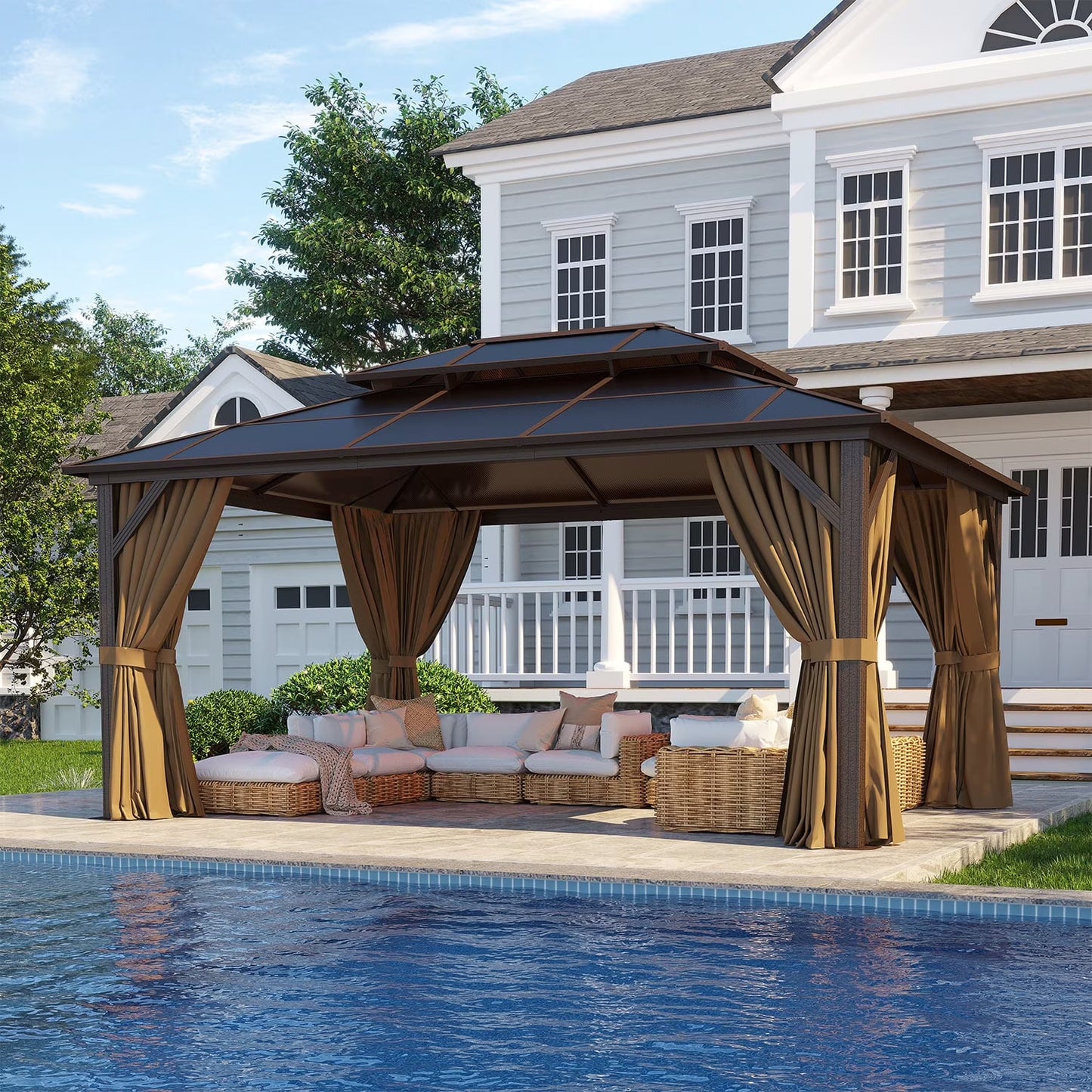 Clouddwell 12'x16' Hardtop Gazebo - Polycarbonate Double Roof with Netting & Curtains for Patio, Garden Sun Protection,Gray