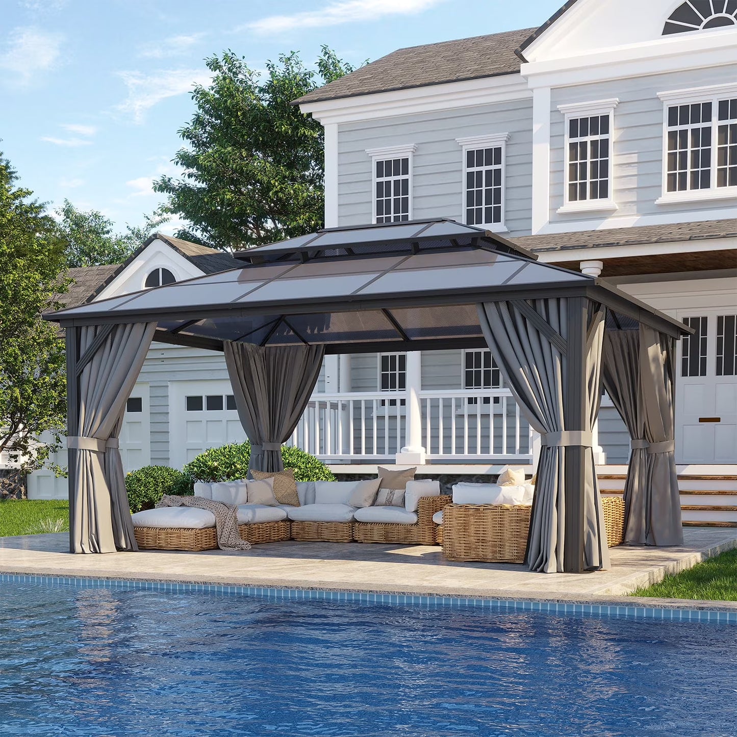 Clouddwell 12'x16' Hardtop Gazebo - Polycarbonate Double Roof with Netting & Curtains for Patio, Garden Sun Protection,Gray