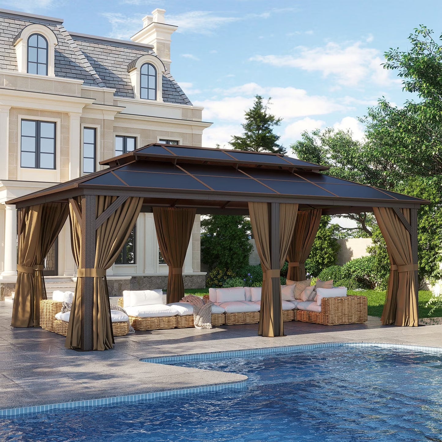 Clouddwell 12'x20' Hardtop Gazebo - Polycarbonate Double Roof with Netting & Curtains for Patio, Garden Sun Protection,Gray