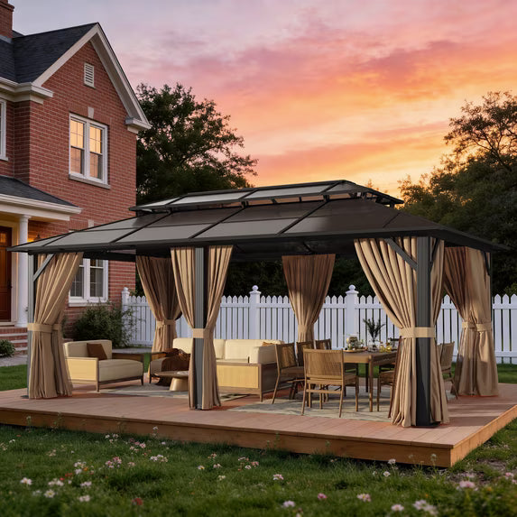 Clouddwell 12'x20' Hardtop Gazebo - Polycarbonate Double Roof with Netting & Curtains for Patio, Garden Sun Protection,Brown
