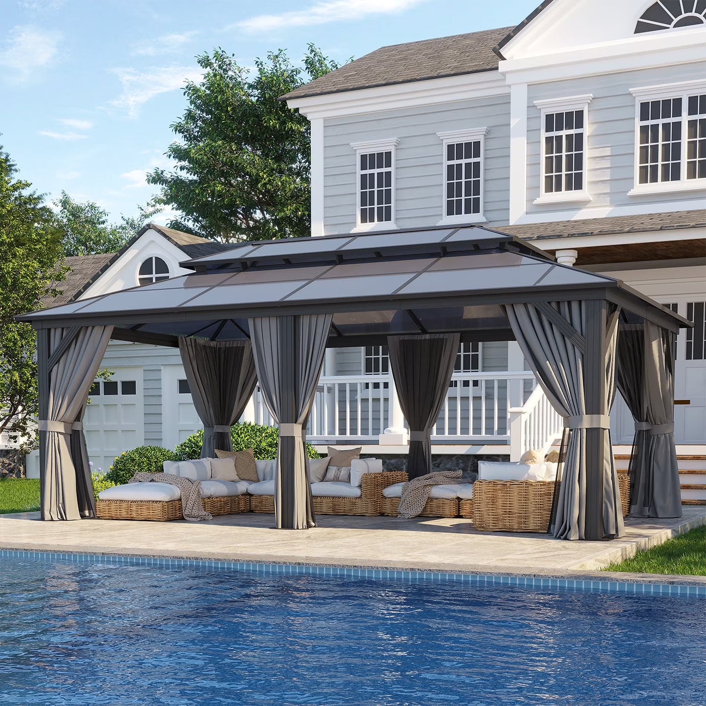 Clouddwell 12'x20' Hardtop Gazebo - Polycarbonate Double Roof with Netting & Curtains for Patio, Garden Sun Protection,Browm