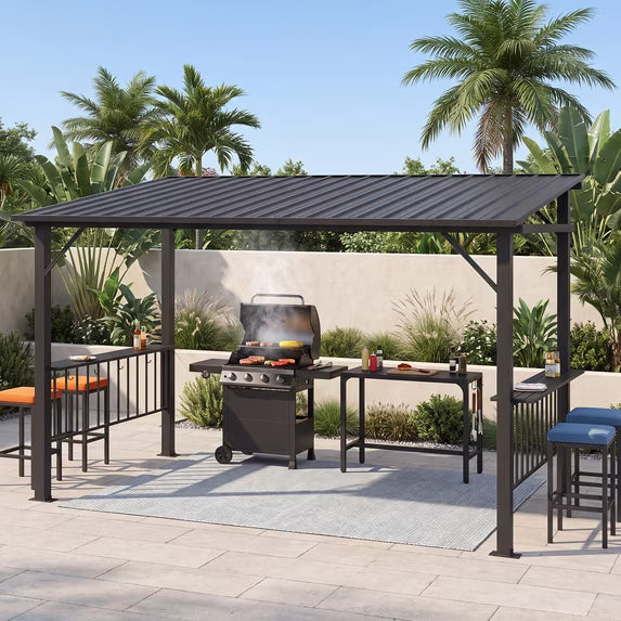 Clouddwell 12'x6' Permanent Metal Gazebo,Outdoor BBQ Canopy with Sloping Steel Roof, Grill Shelter with 2 Side Shelves and Hooks for Patio, Backyard, Deck