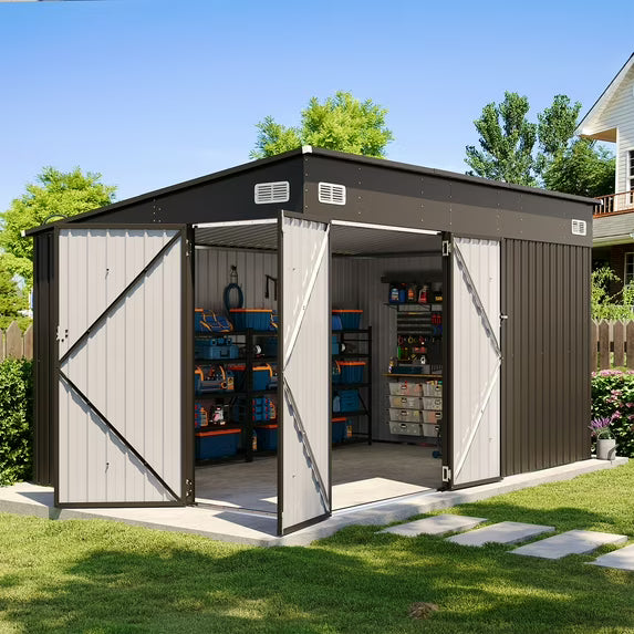 Clouddwell 12ft x 8ft Heavy-Duty Metal Storage Shed with 3 Doors, Lockable Lean-To Design, Weatherproof for Garden & Tools (Brown)