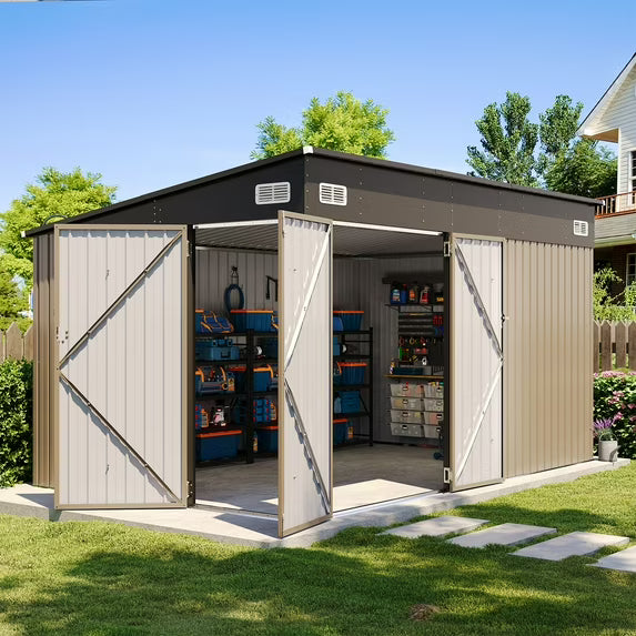 Clouddwell 12ft x 8ft Heavy-Duty Metal Storage Shed with 3 Doors, Lockable Lean-To Design, Weatherproof for Garden & Tools (Brown)