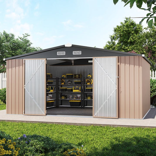 Clouddwell 12x10 ft. Metal Storage Shed, Waterproof Steel Garden Shed with Lock, Brown