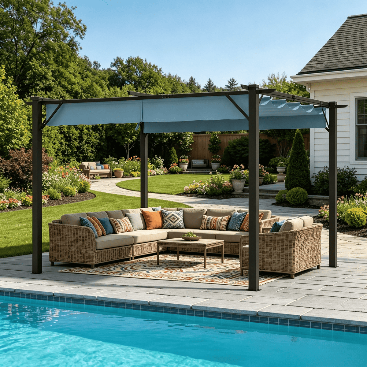 Clouddwell 12x10 ft Outdoor Pergola with Retractable Canopy, Heavy-Duty Metal Frame Patio Pergola for Backyard & Garden, UV Protection Sun Shade, Blue