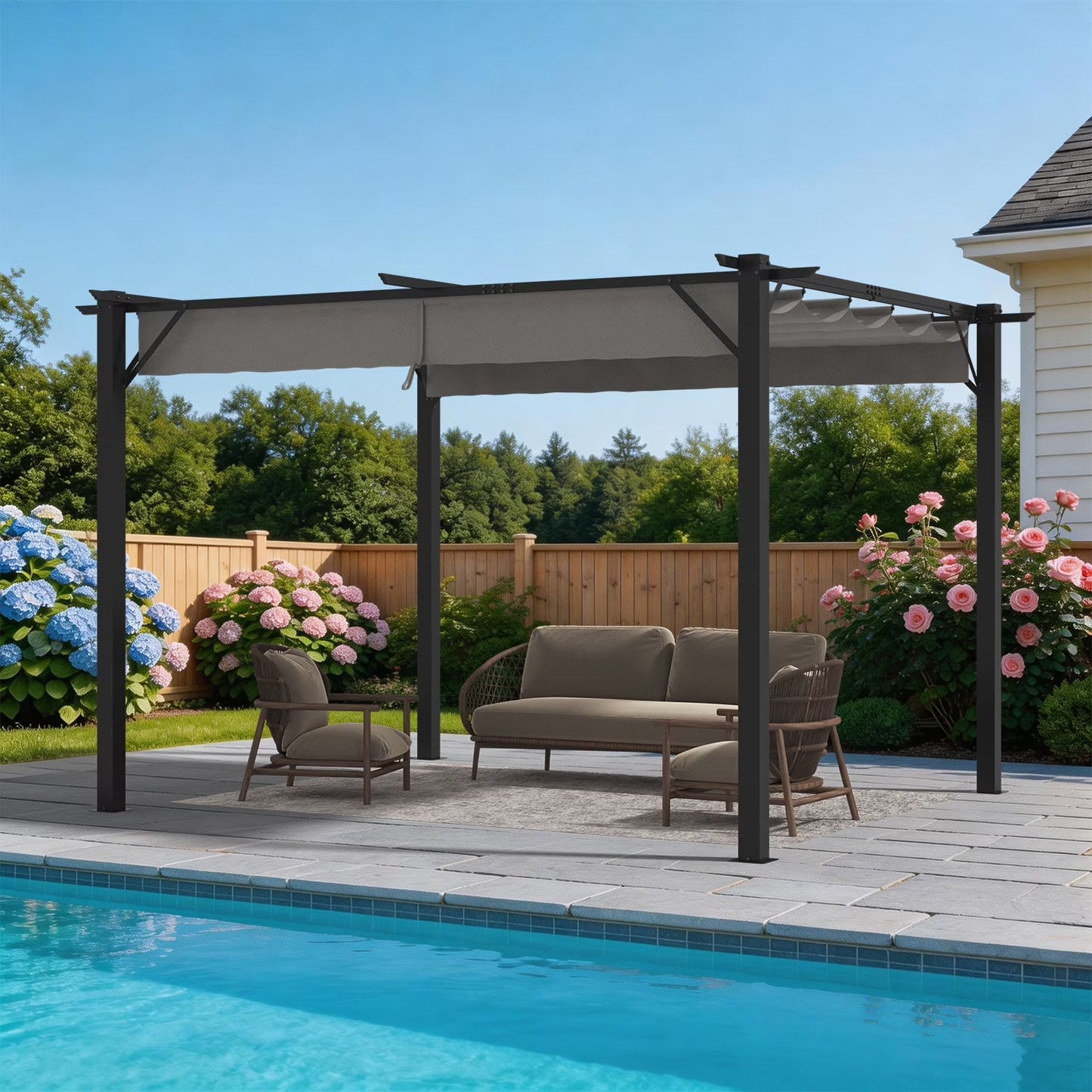 Clouddwell 12x10 ft Outdoor Pergola with Retractable Canopy, Heavy-Duty Metal Frame Patio Pergola for Backyard & Garden, UV Protection Sun Shade, Gray