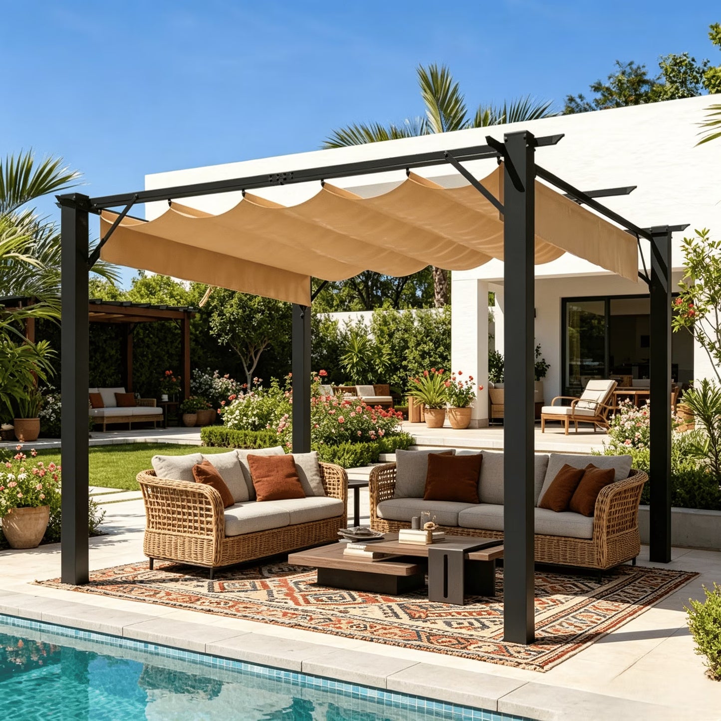Clouddwell 12x10 ft Outdoor Pergola with Retractable Canopy, Heavy-Duty Metal Frame Patio Pergola for Backyard & Garden, UV Protection Sun Shade, Khaki