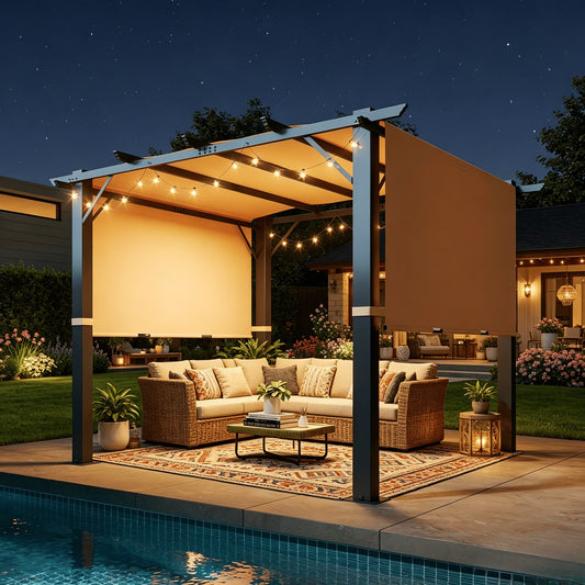 Clouddwell 12x10 ft Outdoor Pergola with Extended Canopy, Retractable Shade Pergola for Patio & Backyard, Blocks Low-Angle Sun, UV Protection, Khaki