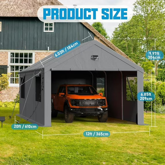 Clouddwell 12x20 Carport Canopy, Heavy Duty Car Port, Portable Car Ports Garage with 2 Roll-Up Zipper Drive Through Doors, Grey