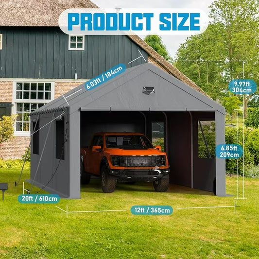 Clouddwell 12x20 Carport Canopy, Heavy Duty Car Port, Portable Car Ports Garage with 2 Roll-Up Zipper Drive Through Doors, Grey