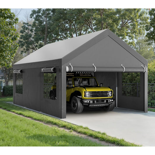 Clouddwell 12x20 ft Heavy Duty Carport Canopy with Roll-up Windows, Portable Garage with Removable Sidewalls & Doors, Car Canopy with All-Season Tarp for Car, Truck, Boat