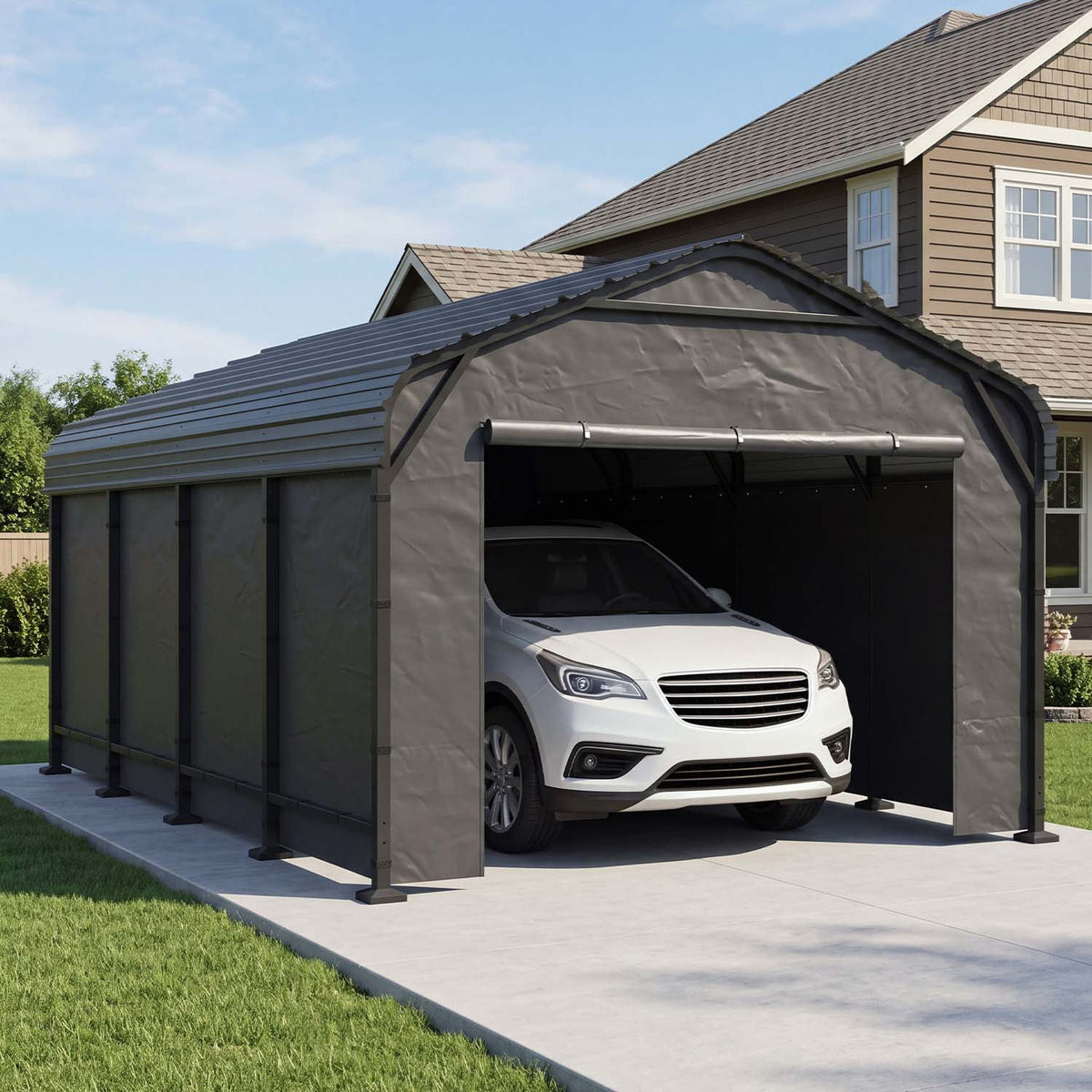 Clouddwell 12x20FT Heavy Duty Metal Carport, Carport Canopy with Sidewalls, Enclosed Car Garage, Outdoor Storage with Reinforced Frame & Galvanized Roof, Garage Shelterf for Car, Pickup, Truck, Boat