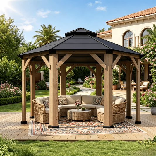 Clouddwell 13' x 13' Octagonal Wood Gazebo with Hardtop Roof, Outdoor Patio Gazebo Pavilion for Backyard, Garden, Deck & Poolside