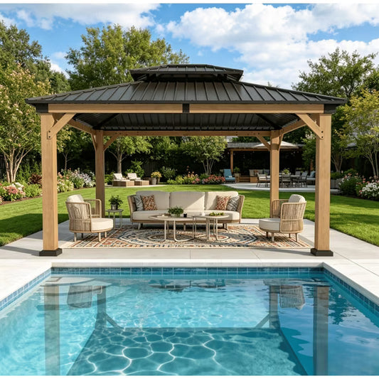Clouddwell 12' × 14' Cedar Wood Hardtop Gazebo with Ventilated Double-Tier Metal Roof for Outdoor Patio & Backyard