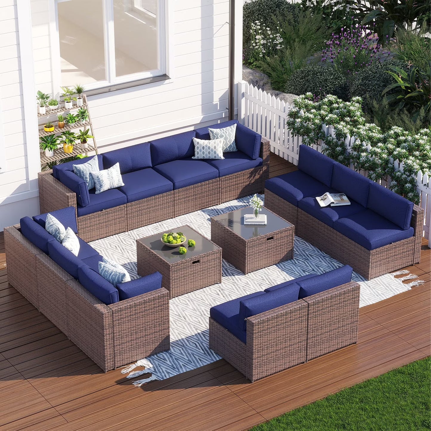 Clouddwell 14 Piece Patio Furniture Set Wicker Rattan Patio Conversation Set Outdoor Sectional Sofa Set with Coffee Table and Gray Cushions(Waterproof Cover Included)