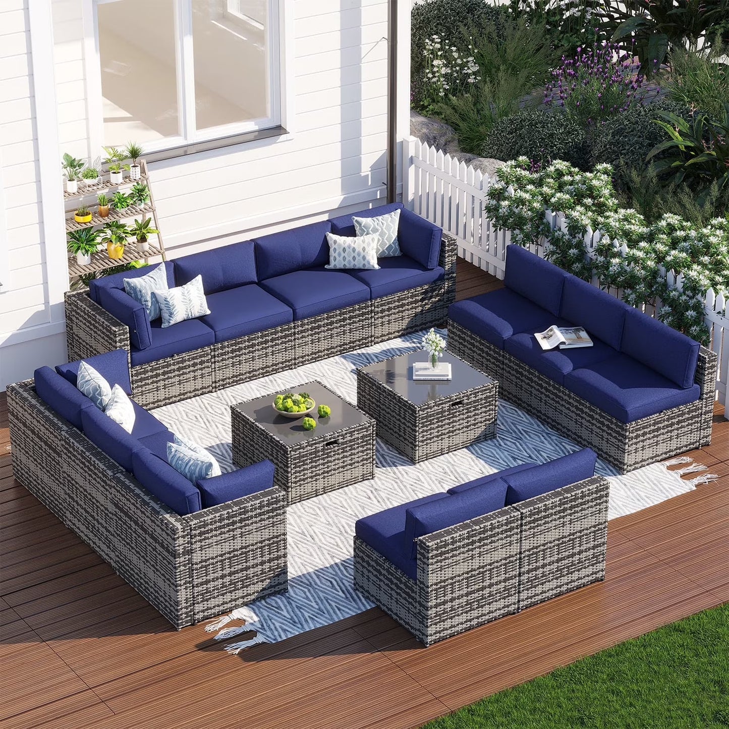 Clouddwell 14 Piece Patio Furniture Set Wicker Rattan Patio Conversation Set Outdoor Sectional Sofa Set with Coffee Table and Blue Cushions