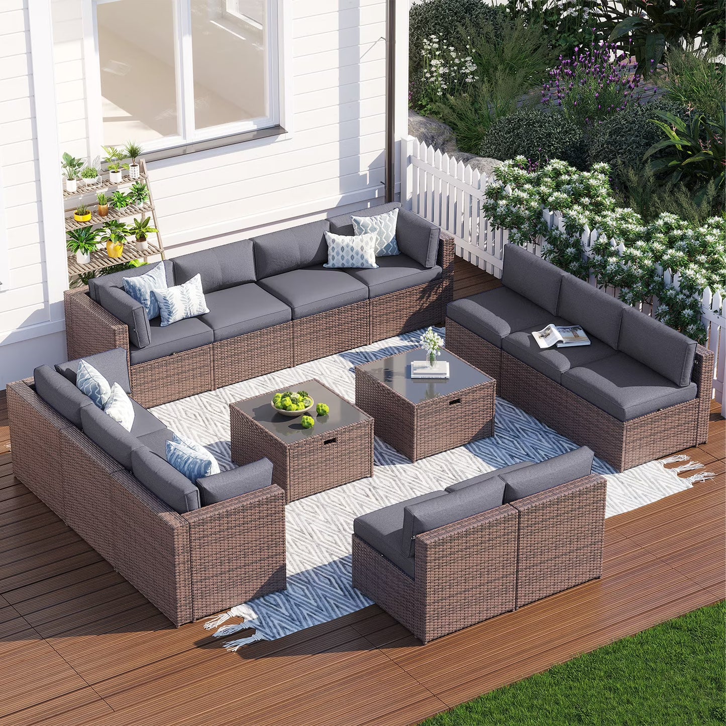 Clouddwell 14 Piece Patio Furniture Set Wicker Rattan Patio Conversation Set Outdoor Sectional Sofa Set with Coffee Table and Blue Cushions