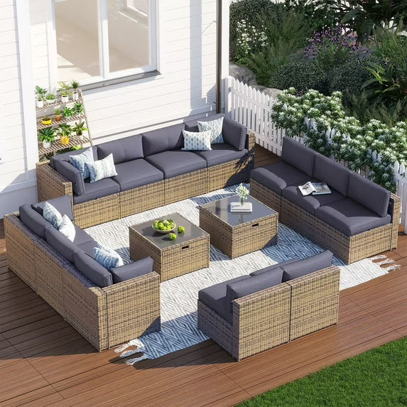 Clouddwell 14 Piece Patio Furniture Set Wicker Rattan Patio Conversation Set Outdoor Sectional Sofa Set with Coffee Table and Gray Cushions(Waterproof Cover Included)