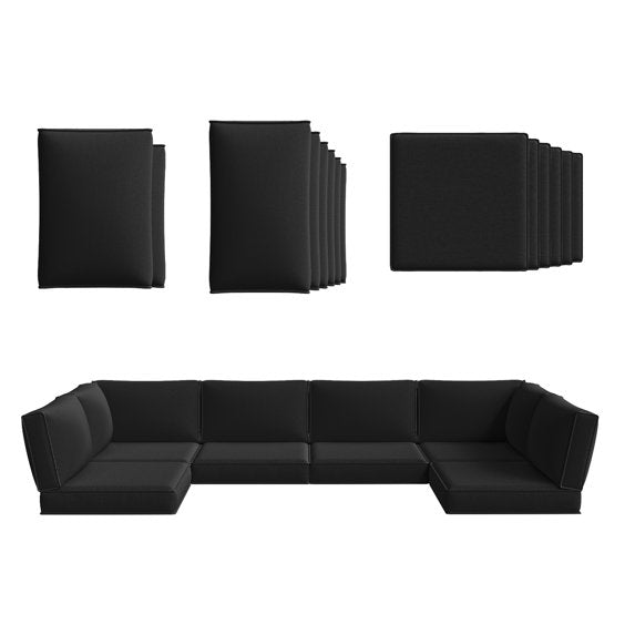Clouddwell 14-Piece Premium Outdoor Cushion Set, High-Resilience Waterproof Cushions for 6-Seat Wicker Sectional, Comfort Upgrade (Black)