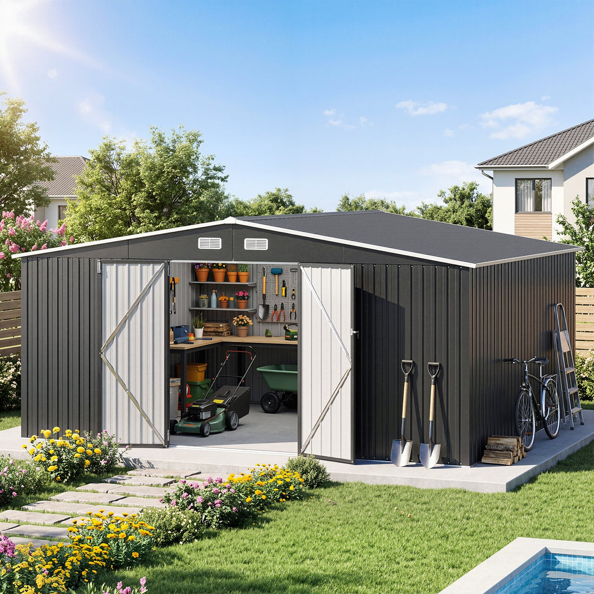 Clouddwell 14 ft. x 12 ft. Outdoor Storage Shed, 800 cu. ft. Brown Steel Utility Shed with Lockable Door for Garden, Black