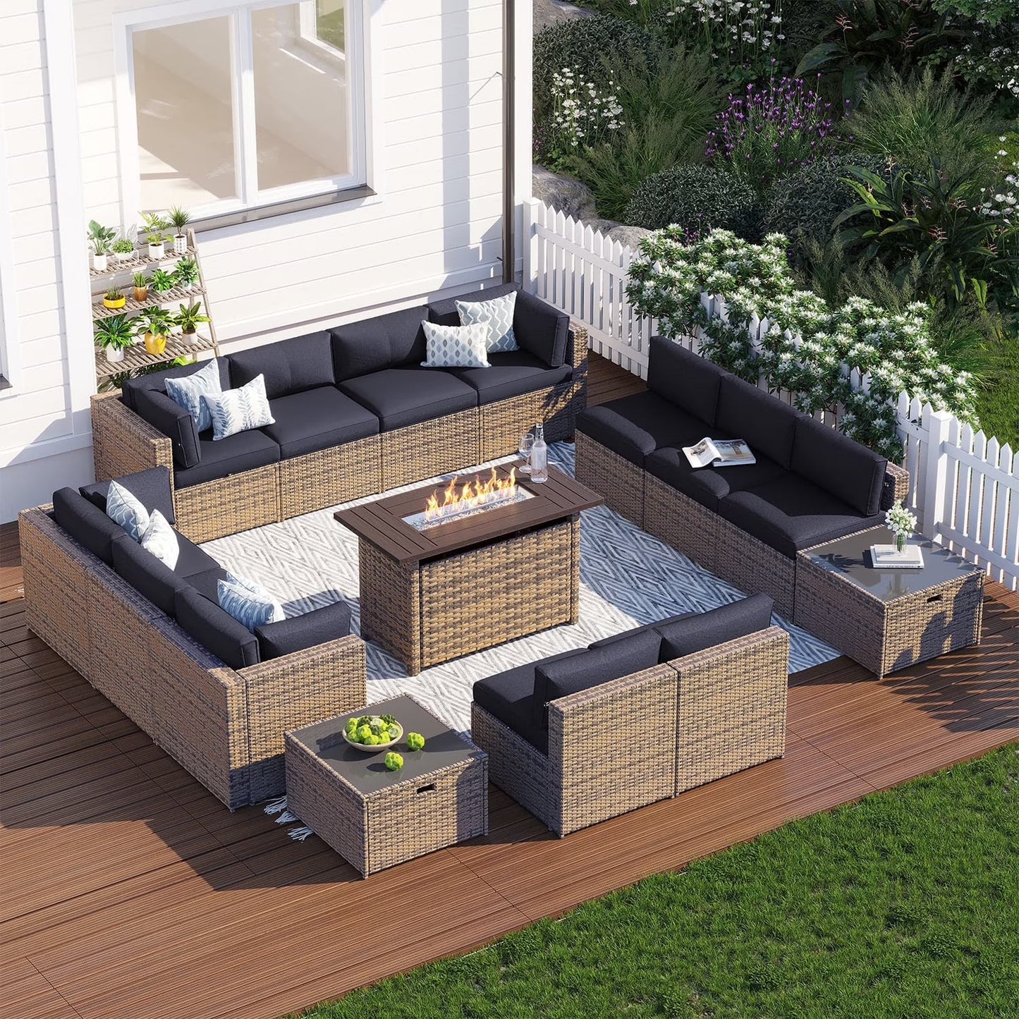 Clouddwell 15 Piece Patio Furniture Set with 44” Fire Pit Table Wicker Rattan Patio Conversation Set Outdoor Sectional Sofa Set with Coffee Table and Gray Cushions(Waterproof Cover Included)