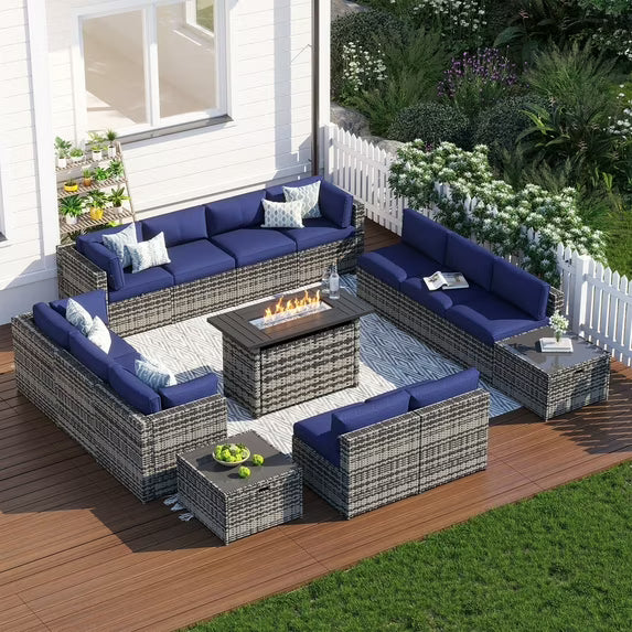 Clouddwell 15 Piece Patio Furniture Set with 44” Fire Pit Table Wicker Rattan Patio Conversation Set Outdoor Sectional Sofa Set with Coffee Table and Blue Cushions(Waterproof Cover Included)