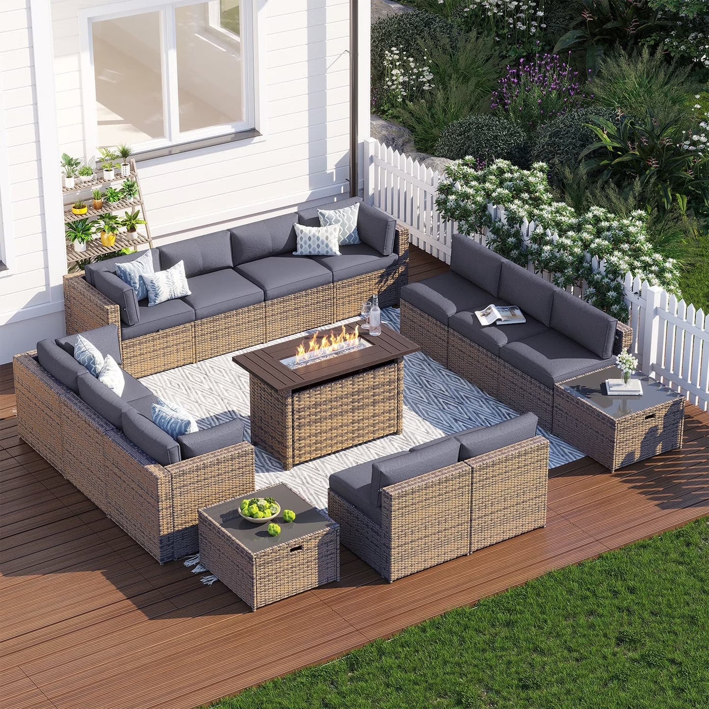 Clouddwell 15 Piece Patio Furniture Set with 44” Fire Pit Table Wicker Rattan Patio Conversation Set Outdoor Sectional Sofa Set with Coffee Table and Blue Cushions(Waterproof Cover Included)