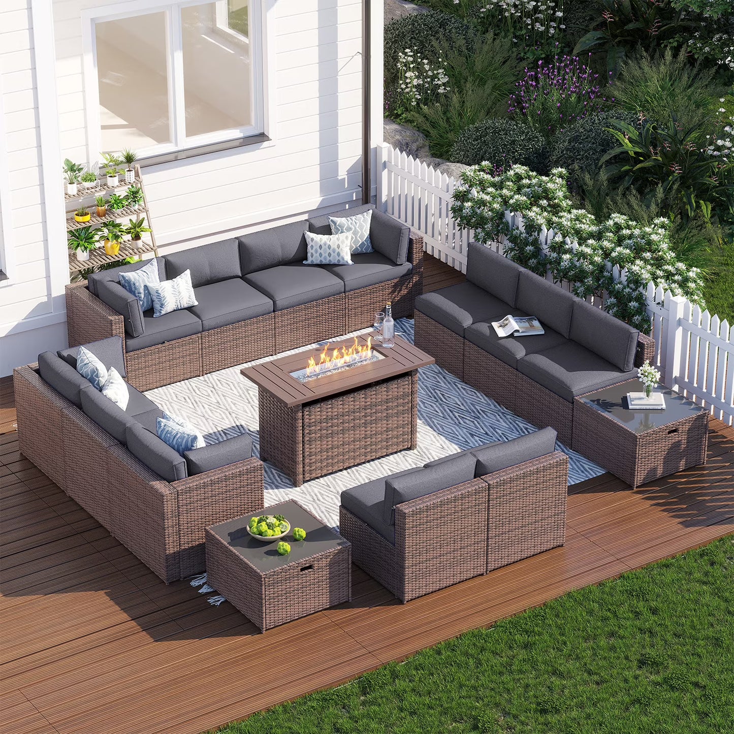 Clouddwell 15 Piece Patio Furniture Set with 44” Fire Pit Table Wicker Rattan Patio Conversation Set Outdoor Sectional Sofa Set with Coffee Table and Blue Cushions(Waterproof Cover Included)