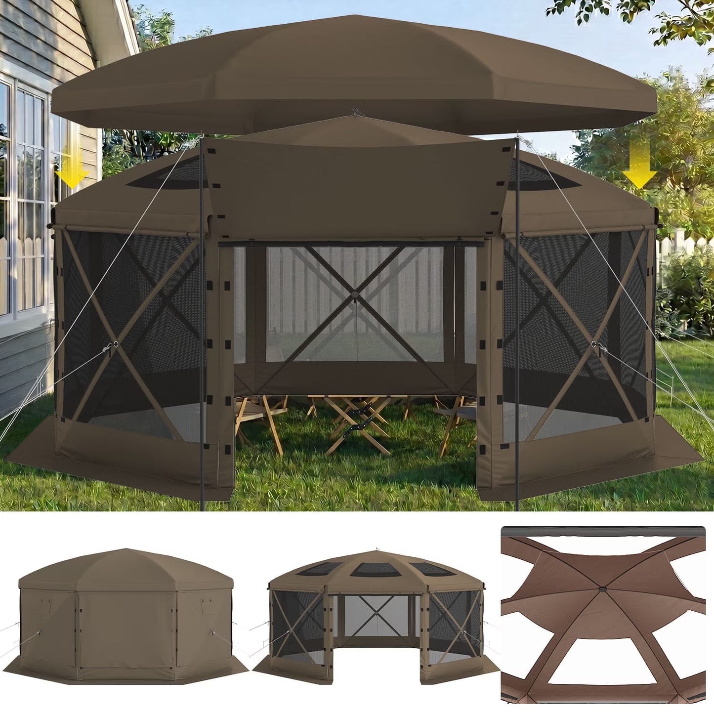 Clouddwell 15'x15' Outdoor Pop Up Gazebo, Screen Tent with Removable Top & Mosquito Netting, Camping Canopy Tent, Waterproof, UV Resistant, Portable Carry Bag, Brown