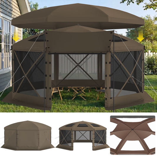 Clouddwell 15'x15' Outdoor Pop Up Gazebo, Screen Tent with Removable Top & Mosquito Netting, Camping Canopy Tent, Waterproof, UV Resistant, Portable Carry Bag, Brown