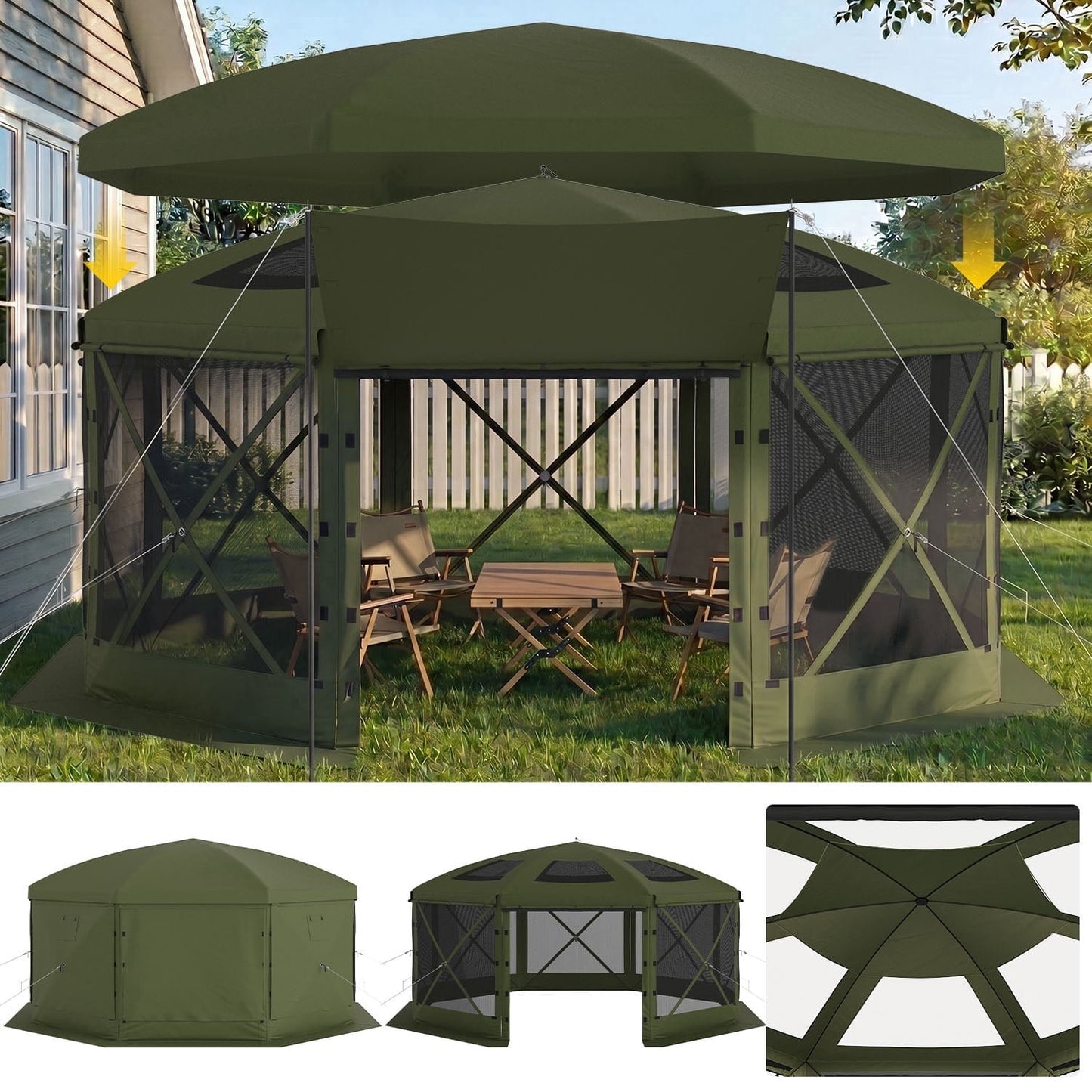Clouddwell 15'x15' Outdoor Pop Up Gazebo, Screen Tent with Removable Top & Mosquito Netting, Camping Canopy Tent, Waterproof, UV Resistant, Portable Carry Bag, Green