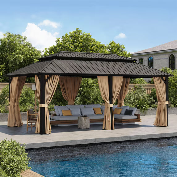 Clouddwell 20' x 12' Gazebo for Patio, Gazebo Pergola with Sloped Roof, Large Wall-Mounted Heavy Duty Awnings, for Deck, Patio and Backyard,Brown