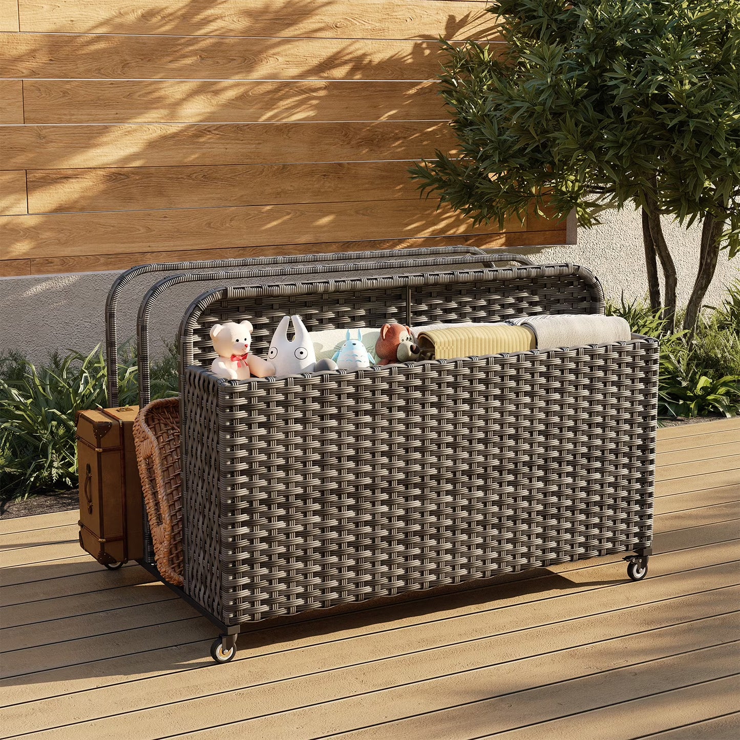 Clouddwell 3-Layer Outdoor PE Wicker Rattan Patio & Poolside Storage Basket with Rolling Wheels, Gray