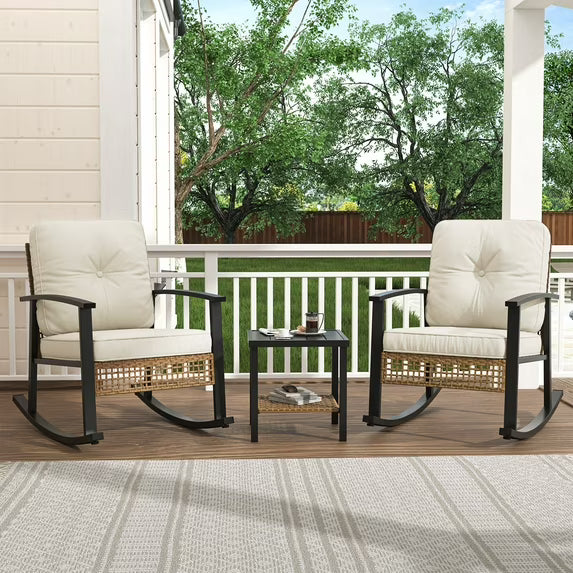 Clouddwell 3-Piece Patio Furniture Set,Steel Rocking Chair with Comfortable Cushions and Coffee Table.for Garden,Yard off-White