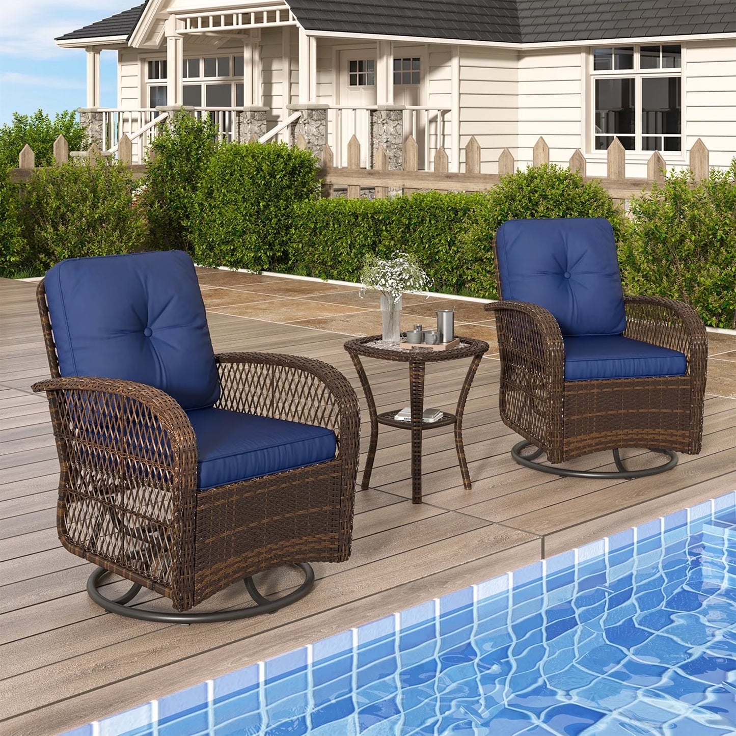 3 Piece Patio Furniture Set Swivel Outdoor Chair Wicker Rattan Patio Conversation Set Outdoor Sectional Sofa Set with Coffee Table and Blue Cushions