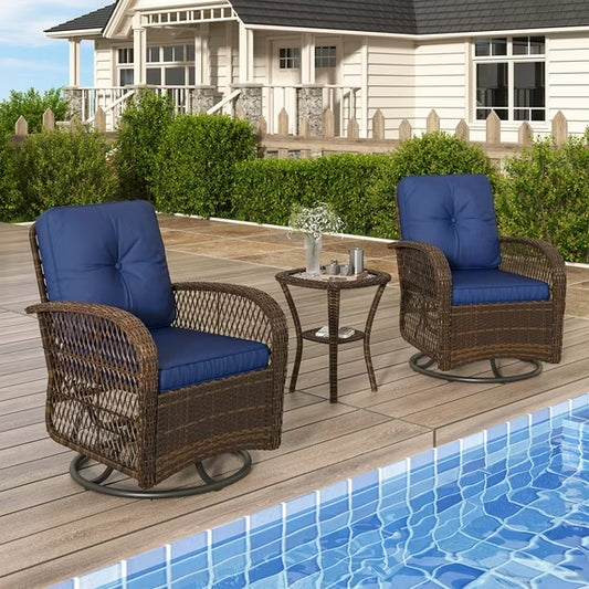 Clouddwell 3 Piece Patio Furniture Set Wicker Rattan Patio Conversation Set Outdoor Sectional Sofa Set with Coffee Table and Blue Cushions