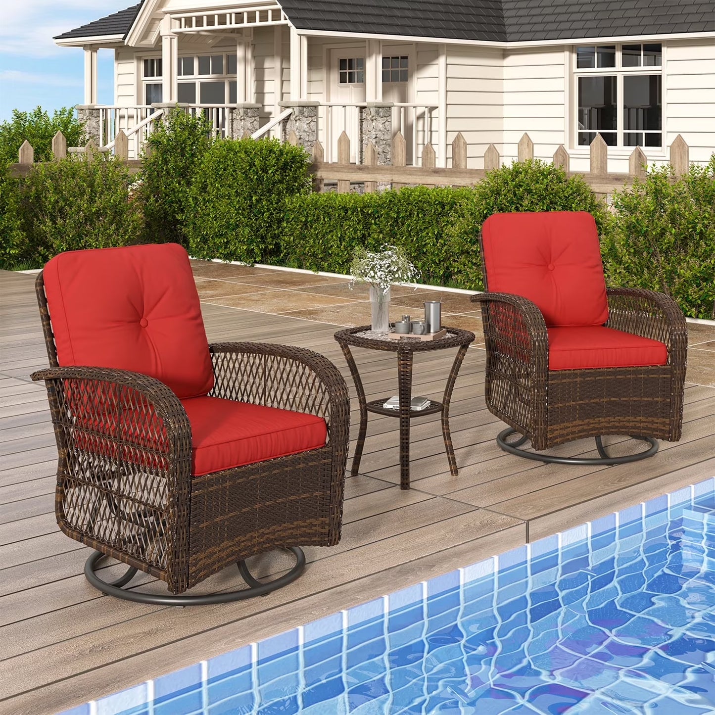 3 Piece Patio Furniture Set Swivel Outdoor Chair Wicker Rattan Patio Conversation Set Outdoor Sectional Sofa Set with Coffee Table and Red Cushions