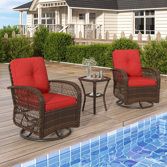 3 Piece Patio Furniture Set Swivel Outdoor Chair Wicker Rattan Patio Conversation Set Outdoor Sectional Sofa Set with Coffee Table and Red Cushions