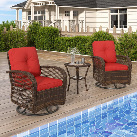 Clouddwell 3 Piece Patio Furniture Set Wicker Rattan Patio Conversation Set Outdoor Sectional Sofa Set with Coffee Table and Red Cushions