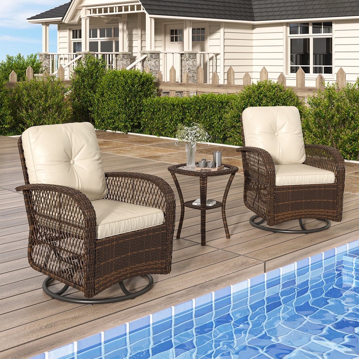 3 Piece Patio Swivel Rocker Wicker Rattan Patio Conversation Set Outdoor Sectional Sofa Set with Coffee Table and White Cushions