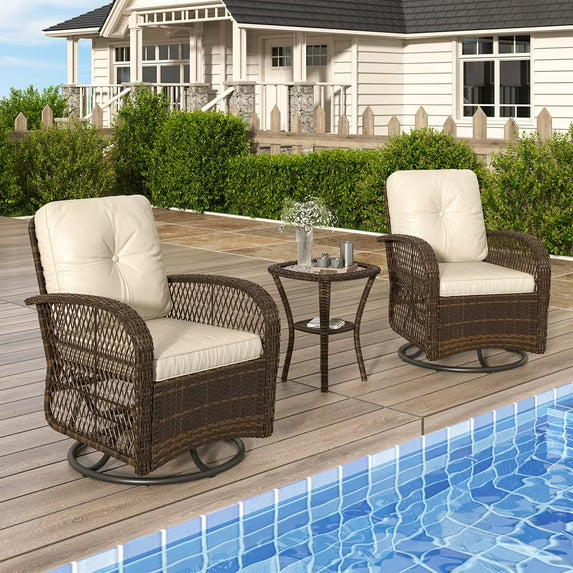 Clouddwell 3 Piece Patio Furniture Set Wicker Rattan Patio Conversation Set Outdoor Sectional Sofa Set with Coffee Table and White Cushions
